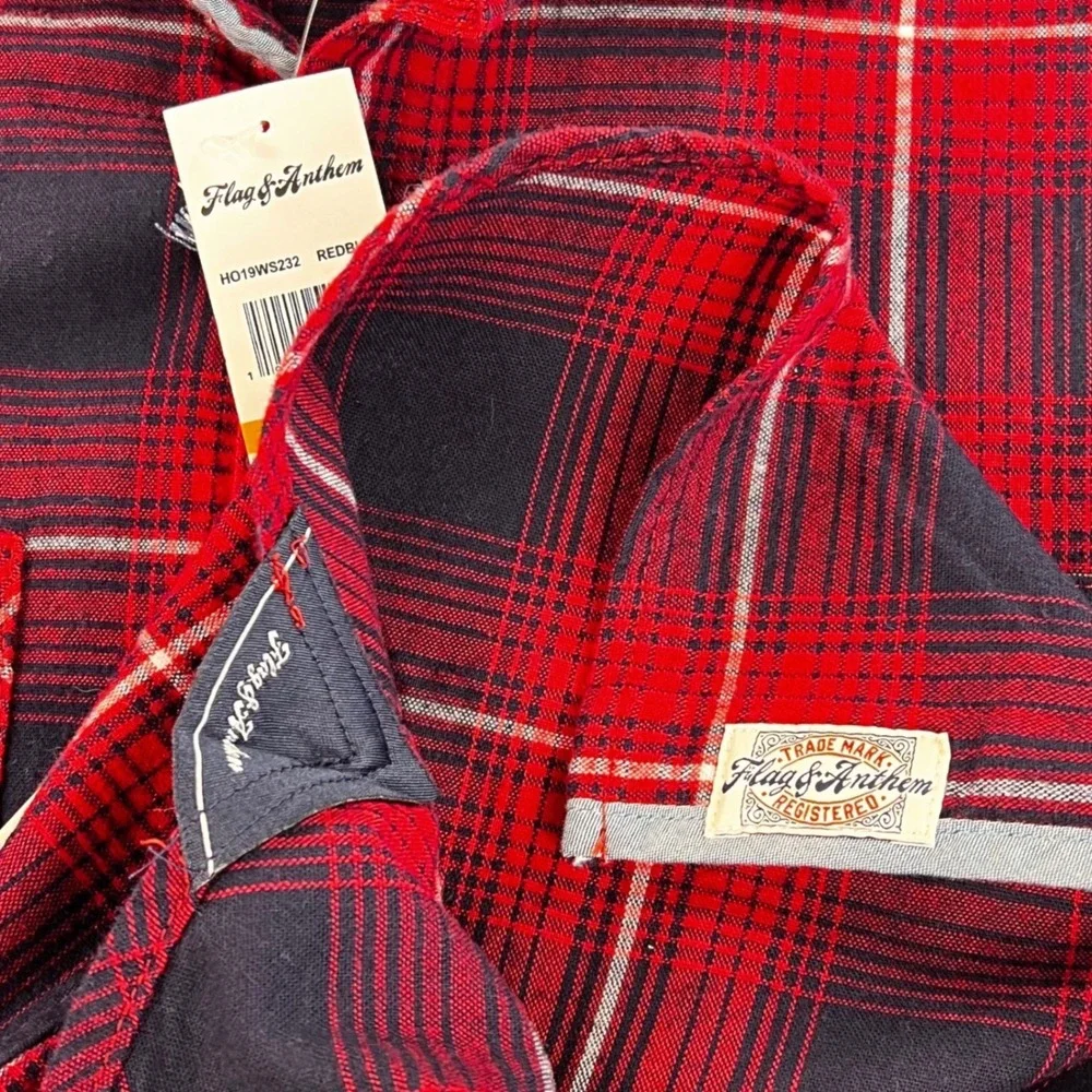 Flag & Anthem Plaid Flannel Shirt Men's SMALL Red Navy Blue Cotton HO19WS232 NWT